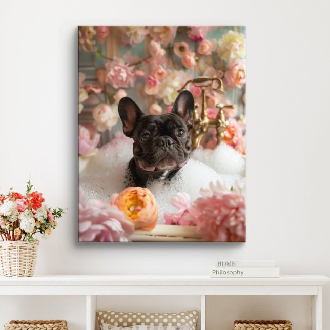 French Bulldog Art | Frenchie in Bathtub Bathroom Canvas Print (Black French Bulldog Art)