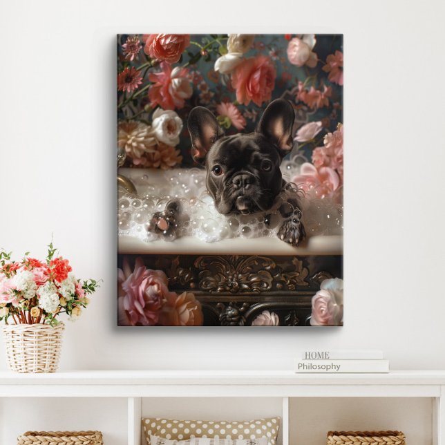 French Bulldog Art | Frenchie in Bathtub Bathroom Canvas Print (Chocolate Frenchie Art)