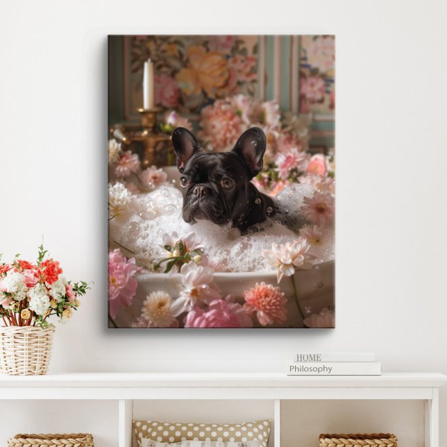 French Bulldog Art | Frenchie in Bathtub Bathroom Canvas Print (Black Frenchie Art)