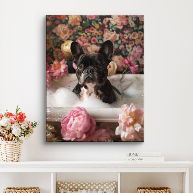 French Bulldog Art | Frenchie in Bathtub Bathroom Canvas Print (Black Frenchie Art)