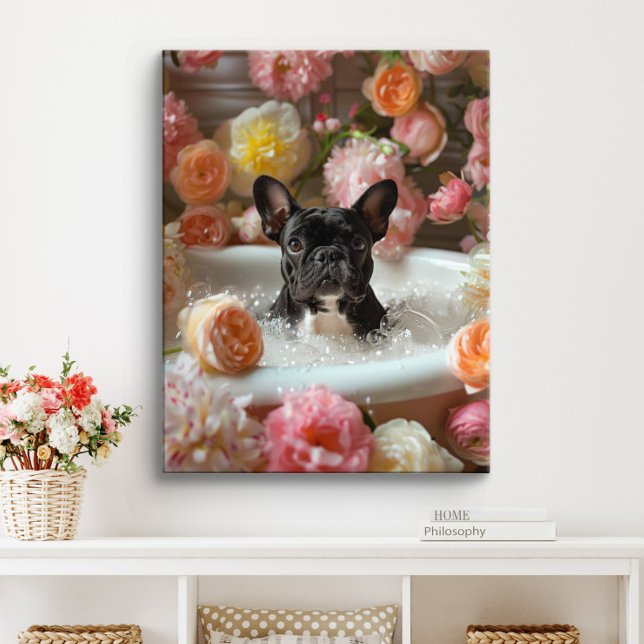 French Bulldog Art | Frenchie in Bathtub Bathroom Canvas Print (Frenchie Art)