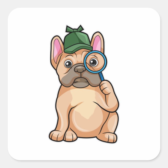 French bulldog as Detective with Magnifying glass Square Sticker (Front)