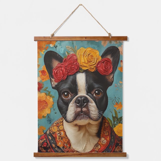French Bulldog as Frida Kahlo Hanging Tapestry (Front)