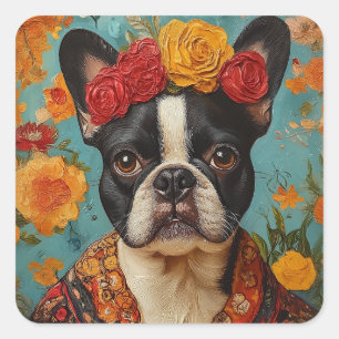 French Bulldog as Frida Kahlo Square Sticker