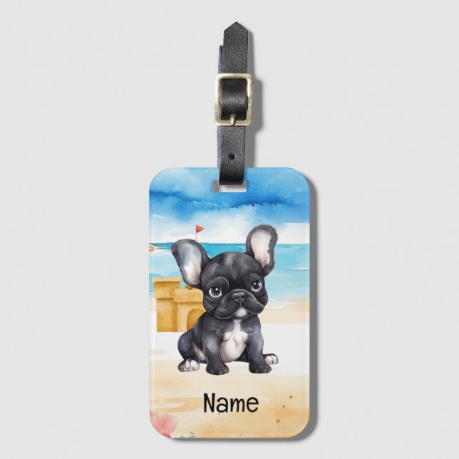 French Bulldog at the beach Luggage Tag (Front Vertical)