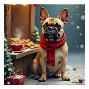 French Bulldog at Vintage Christmas Market Poster