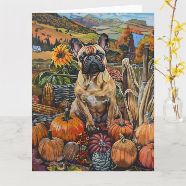 French Bulldog Autumn Harvest Thanksgiving Card (Yellow Flower)