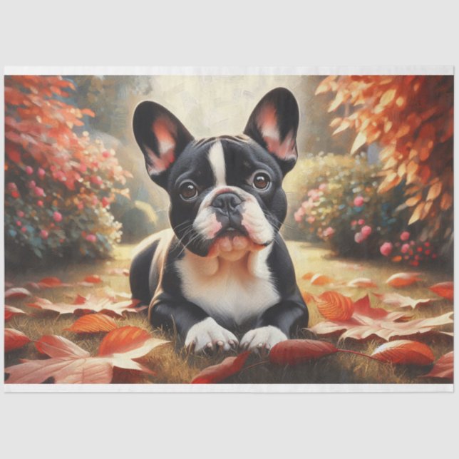 French Bulldog Autumn Leaves Decoupage Tissue Paper (Front)