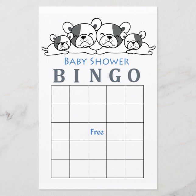 French Bulldog baby shower bingo card (Front)