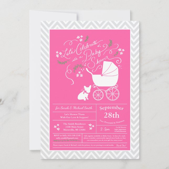 French Bulldog Baby Shower Frenchie Pink Girl Invitation (Front)