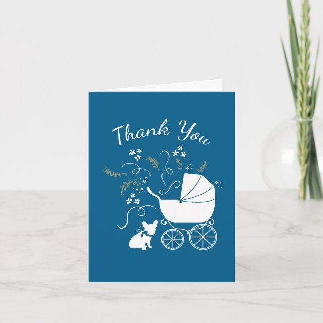 French Bulldog Baby Shower Frenchy Frenchie Blue Thank You Card (Front)