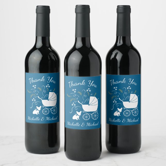 French Bulldog Baby Shower Frenchy Frenchie Blue Wine Label (Bottles)