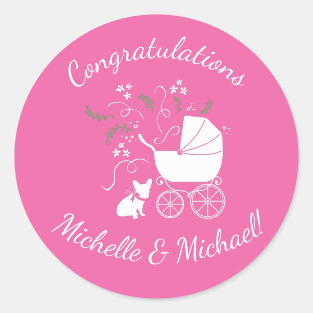 French Bulldog Baby Shower Frenchy Frenchie Pink Classic Round Sticker (Front)