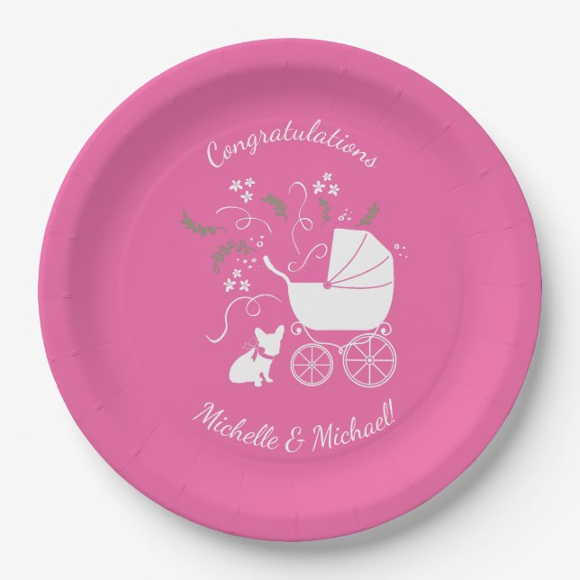 French Bulldog Baby Shower Frenchy Frenchie Pink Paper Plate (Front)