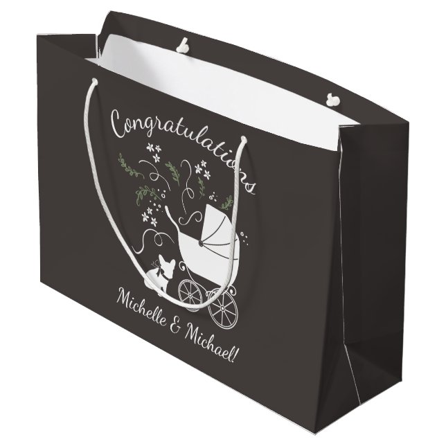 French Bulldog Baby Shower Grey Large Gift Bag (Back Angled)