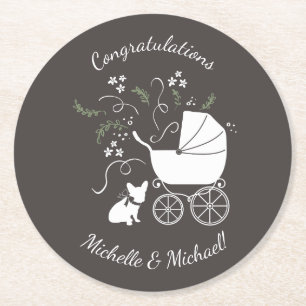 French Bulldog Baby Shower Grey Round Paper Coaster