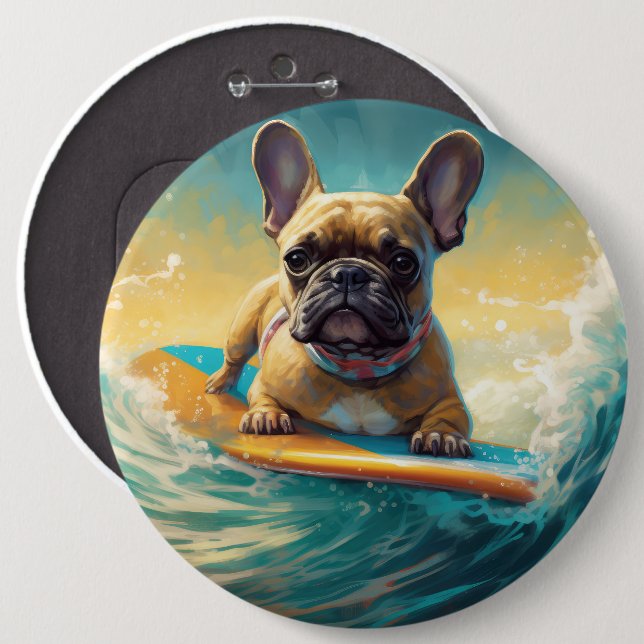 French Bulldog Beach Surfing Painting  6 Cm Round Badge (Front & Back)