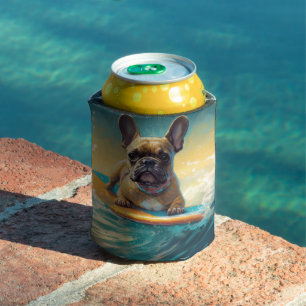 French Bulldog Beach Surfing Painting Can Cooler