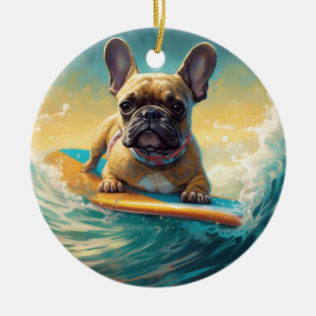 French Bulldog Beach Surfing Painting  Ceramic Tree Decoration (Front)