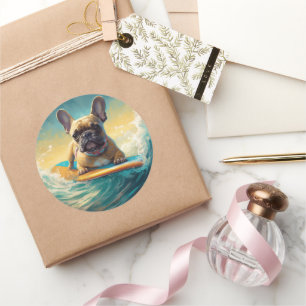 French Bulldog Beach Surfing Painting  Classic Round Sticker