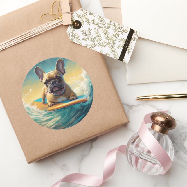 French Bulldog Beach Surfing Painting  Classic Round Sticker (Gifting)