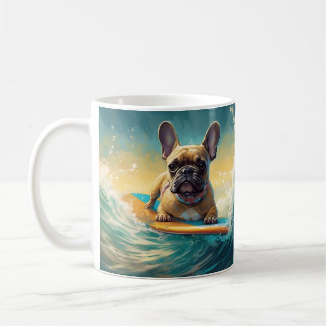 French Bulldog Beach Surfing Painting  Coffee Mug (Left)