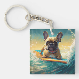 French Bulldog Beach Surfing Painting  Key Ring
