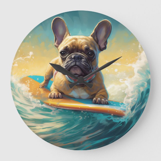 French Bulldog Beach Surfing Painting  Large Clock (Front)