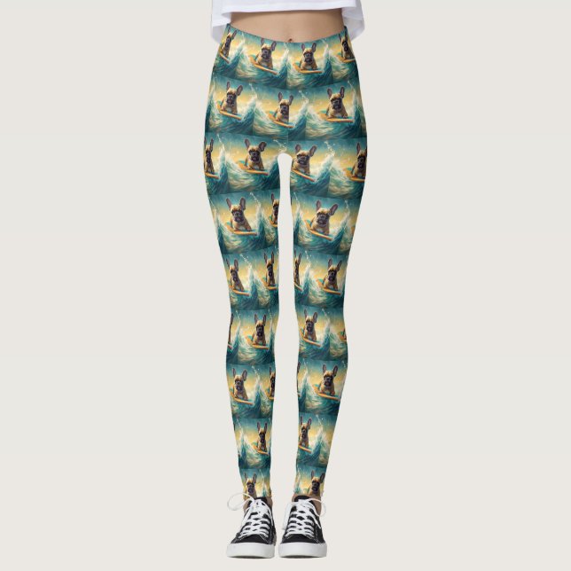 French Bulldog Beach Surfing Painting  Leggings (Front)