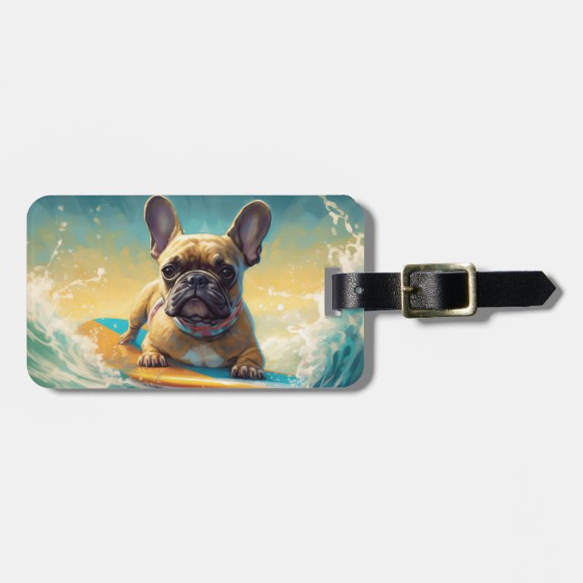 French Bulldog Beach Surfing Painting  Luggage Tag (Front Horizontal)