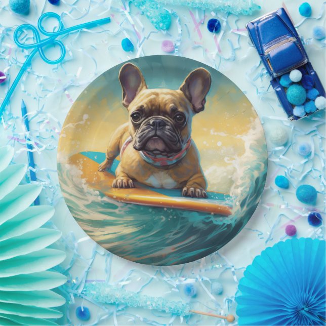 French Bulldog Beach Surfing Painting  Paper Plate (Party)