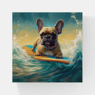 French Bulldog Beach Surfing Painting  Paperweight
