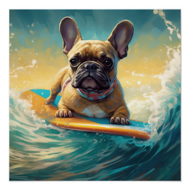 French Bulldog Beach Surfing Painting  Poster (Front)