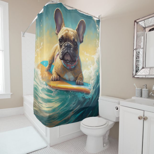 French Bulldog Beach Surfing Painting  Shower Curtain (In Situ)