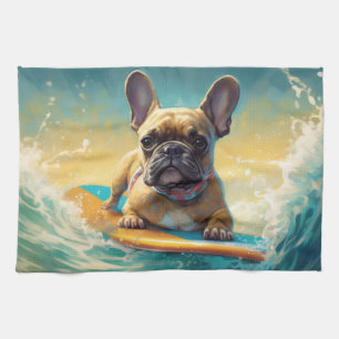 French Bulldog Beach Surfing Painting  Tea Towel
