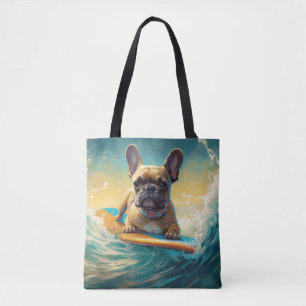 French Bulldog Beach Surfing Painting Tote Bag