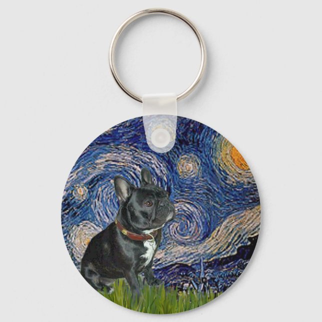 French Bulldog (black 11) - Starry Night Key Ring (Front)