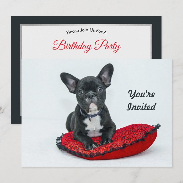 French Bulldog Black Pillow Photo Birthday Invitation (Front/Back)