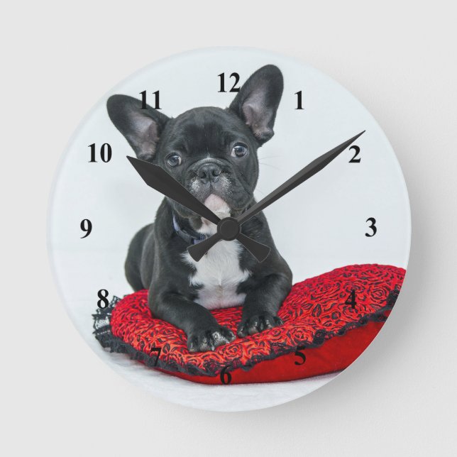 French Bulldog Black Pillow Photo Round Clock (Front)
