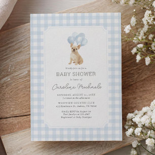 French Bulldog Blue Gingham Baby Shower Invitation