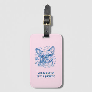 French Bulldog blue lineart doodle frenchie pink Luggage Tag