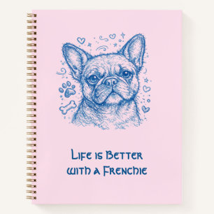 French Bulldog blue lineart doodle frenchie pink Notebook