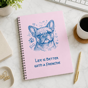 French Bulldog blue lineart doodle frenchie pink Notebook