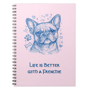 French Bulldog blue lineart doodle frenchie pink Notebook