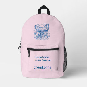French Bulldog blue lineart doodle frenchie pink Printed Backpack