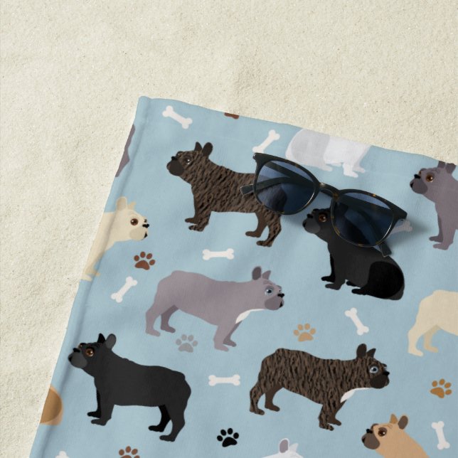 French Bulldog Bones and Paws Blue Beach Towel (In Situ)