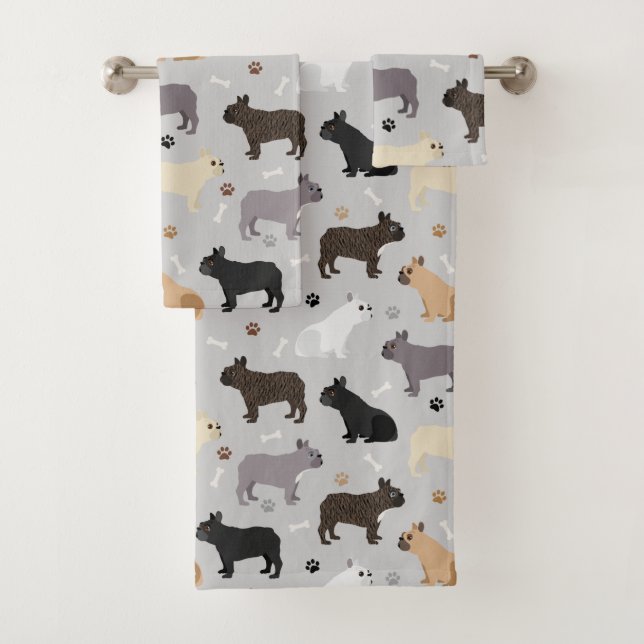 French Bulldog Bones and Paws Grey Bath Towel Set (Insitu)