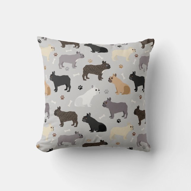 French Bulldog Bones and Paws Grey Throw Pillow (Front)