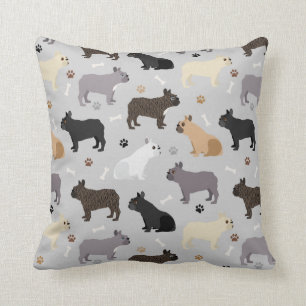 French Bulldog Bones and Paws Grey Throw Pillow