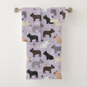 French Bulldog Bones and Paws Purple Bath Towel Set